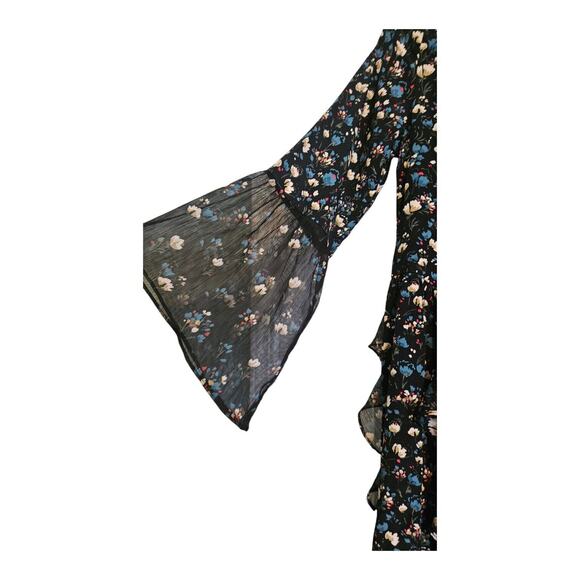 Zara Basic Black Dress XS Flowy Flounce Sleeves Black Floral Ruffles Whimsy Goth - Picture 3 of 12